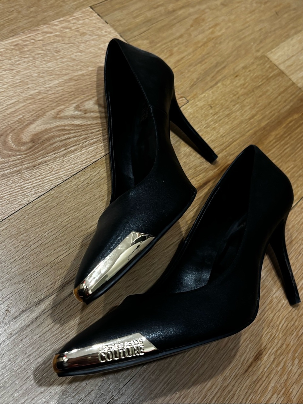 Versace Jeans Couture Black Pointed Toe Heels Gold Cap Size 38